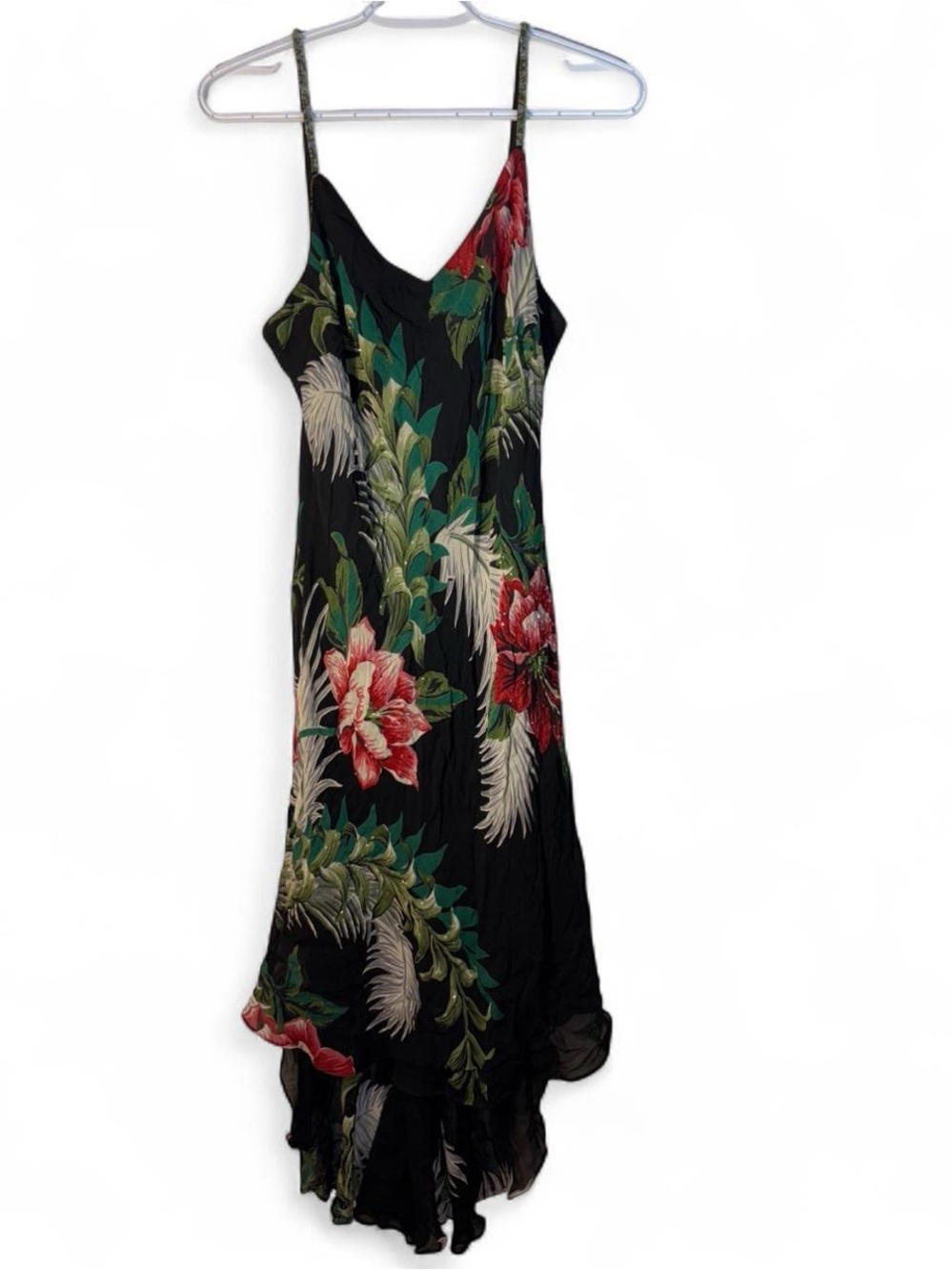Vintage Eva blue y2k Black Floral Slip Midi Dress with Red & Green Print